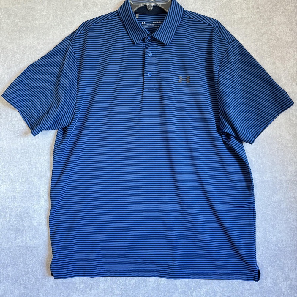 Under Armour Polo Shirt Mens XL Blue Striped HeatGear‎ Performance Golf Athletic